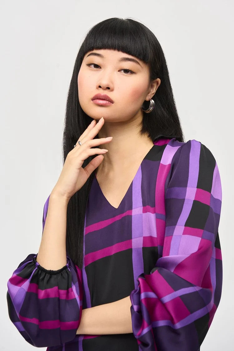 Satin Abstract Plaid Print Top 243058 T