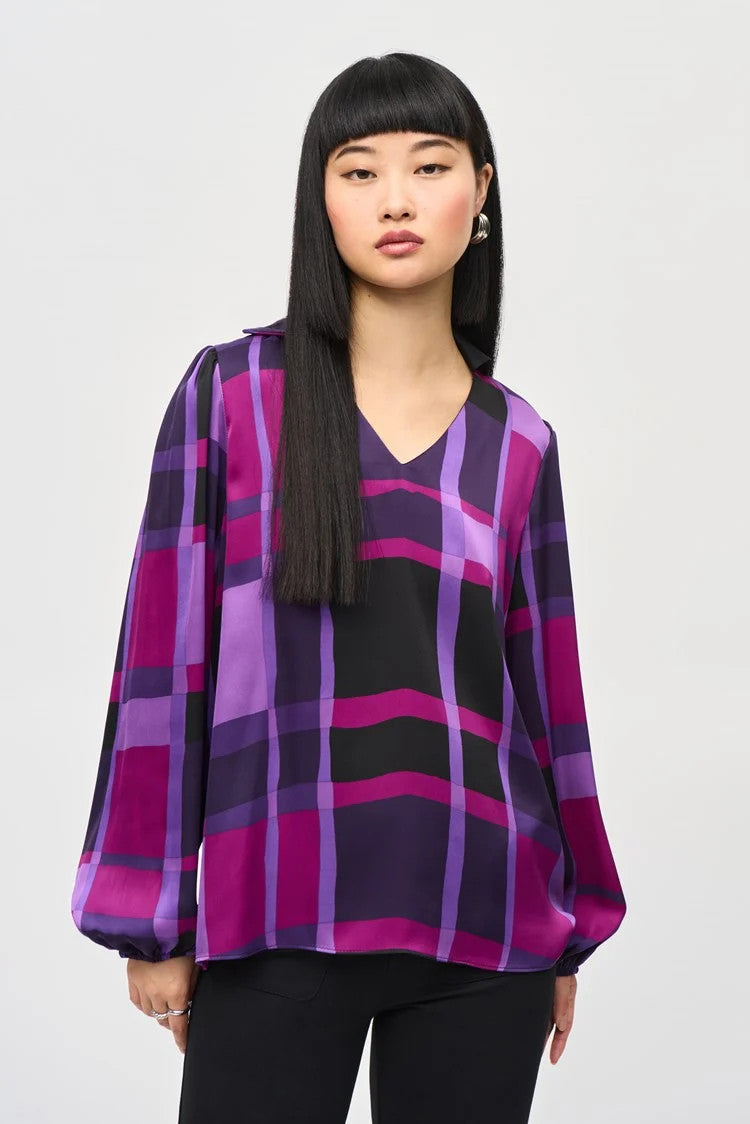 Satin Abstract Plaid Print Top 243058 T