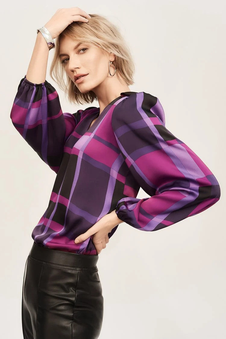 Satin Abstract Plaid Print Top 243058 T