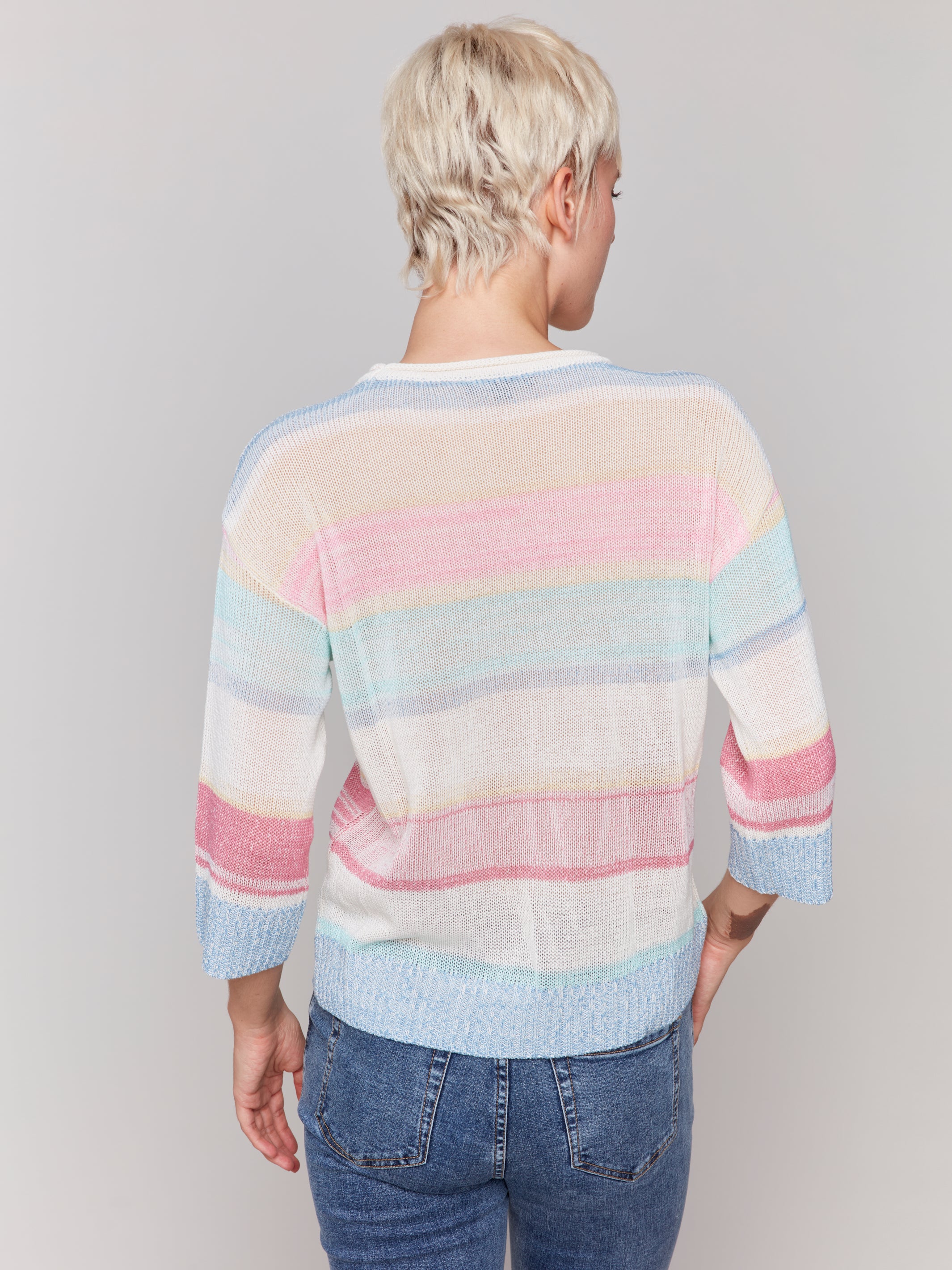 Striped 3/4 Sleeve Crew Neck Jersey Sweater C2787/184C