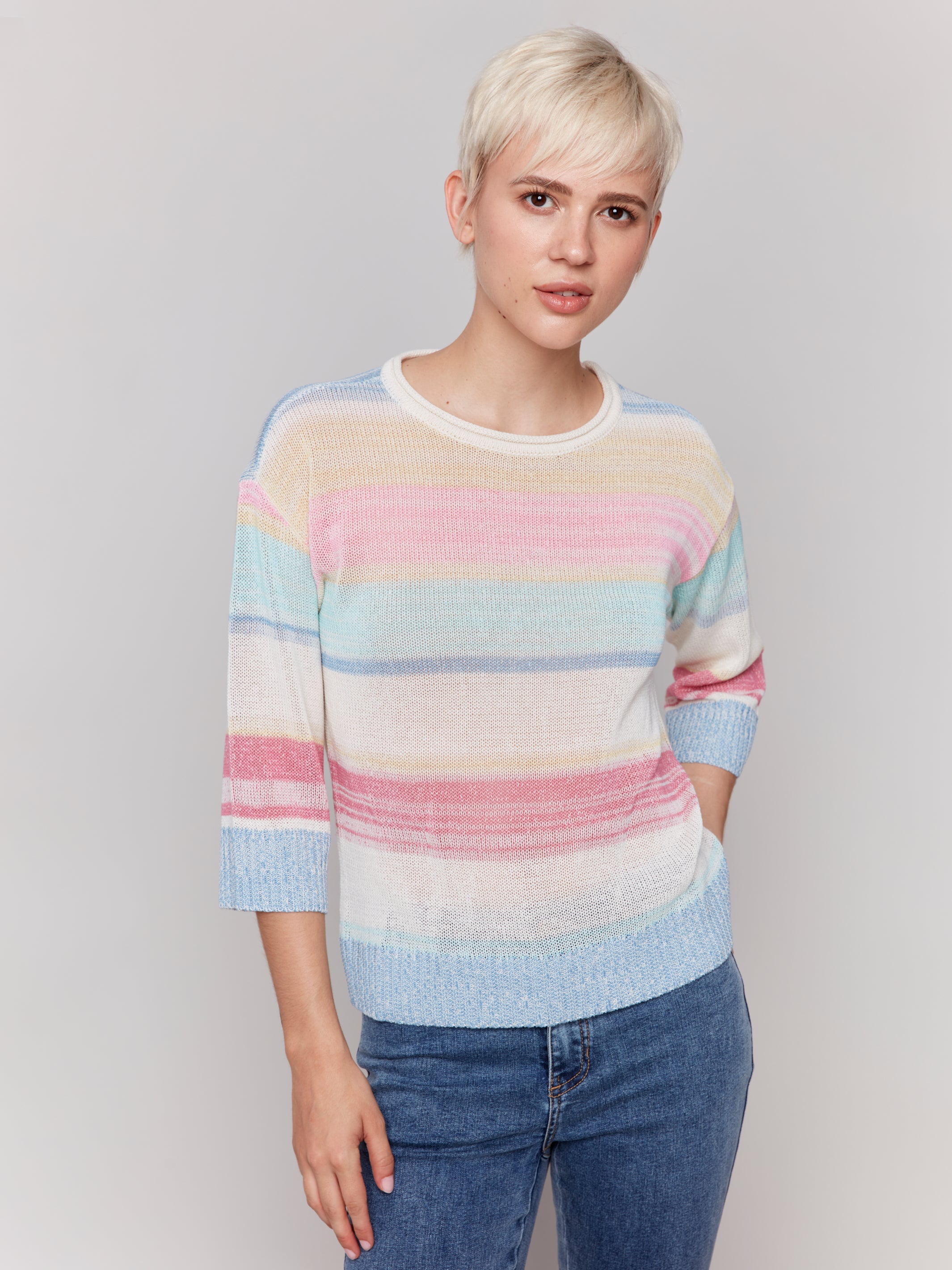 Striped 3/4 Sleeve Crew Neck Jersey Sweater C2787/184C