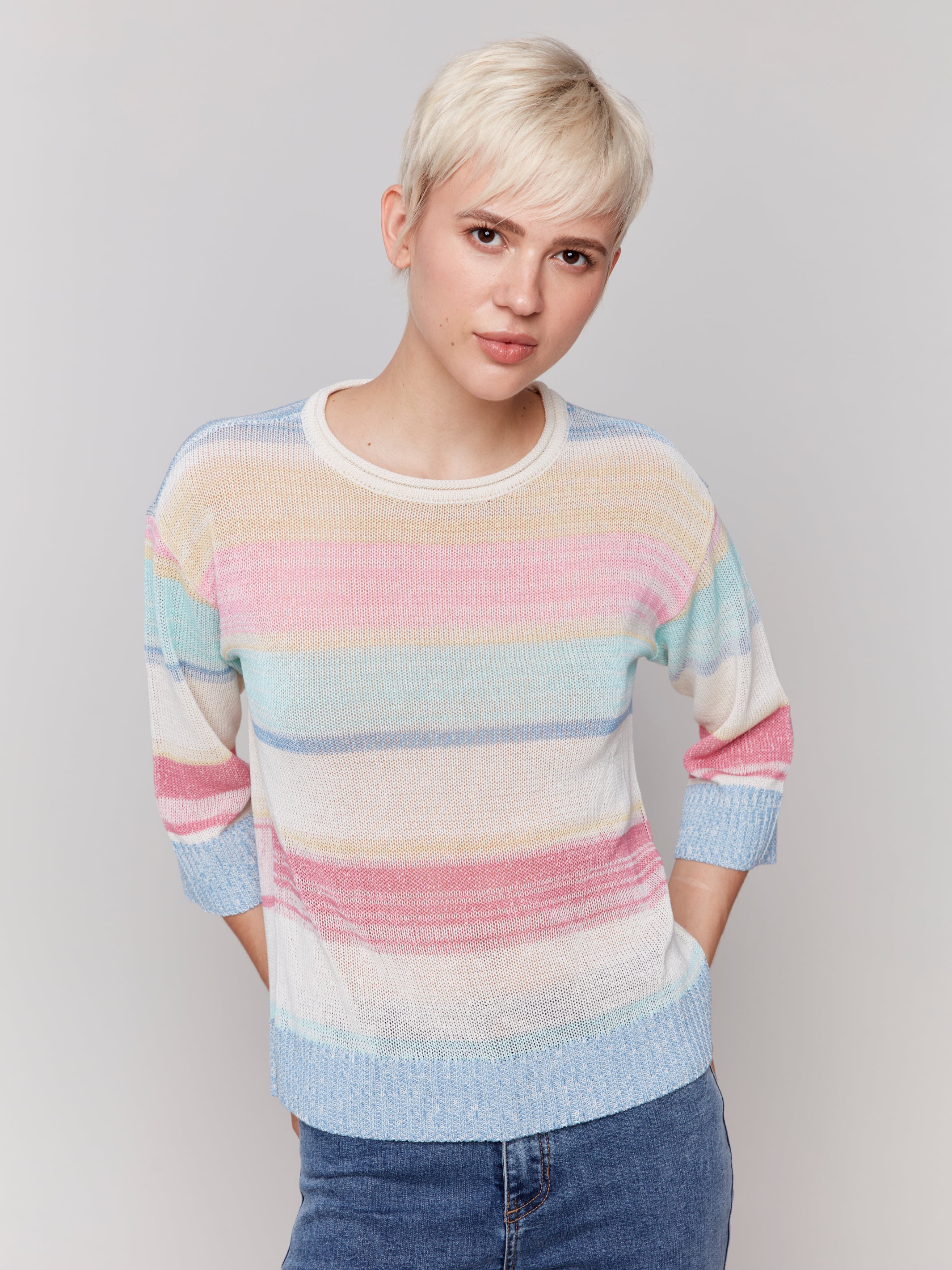 Striped 3/4 Sleeve Crew Neck Jersey Sweater C2787/184C