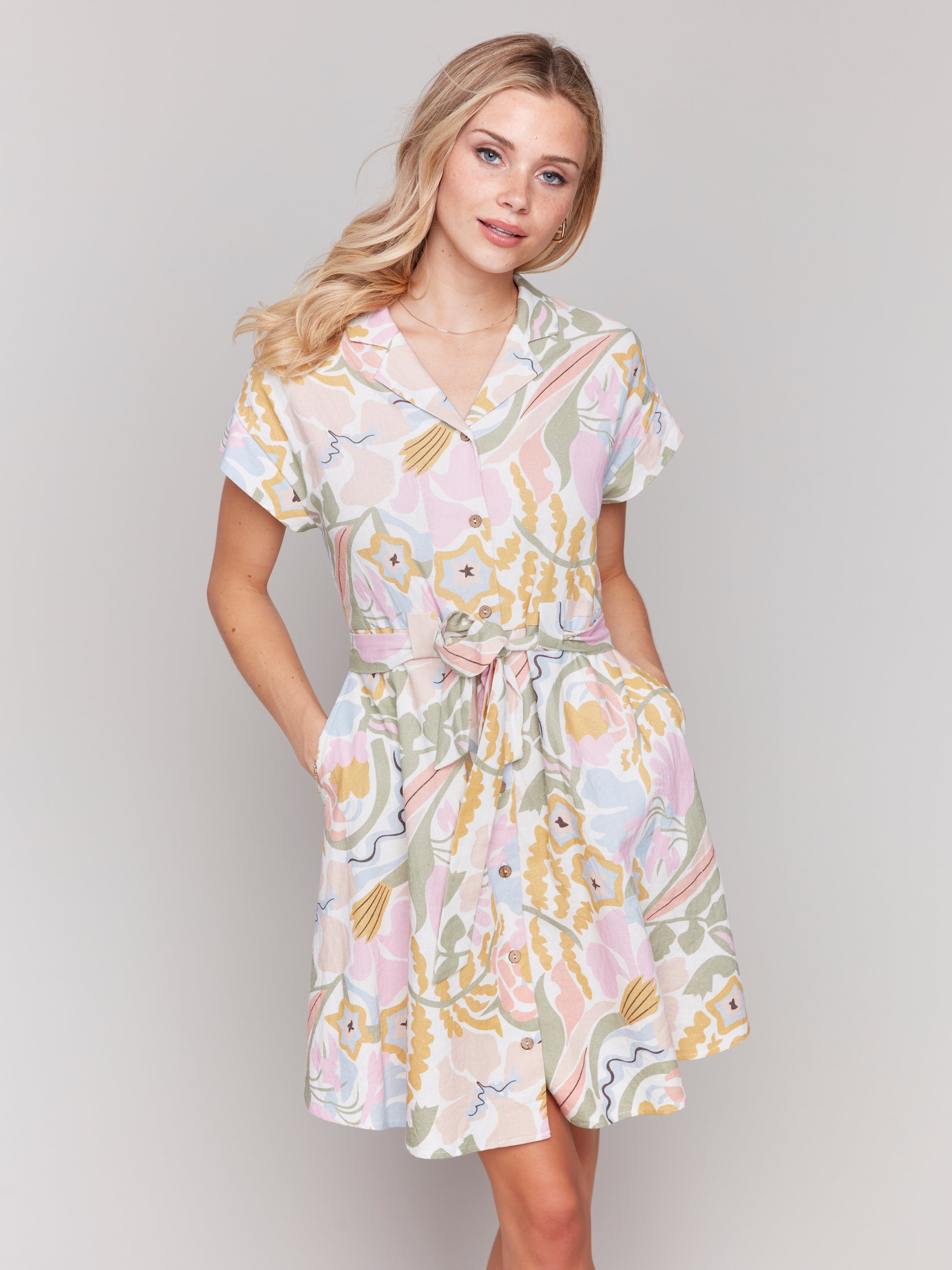 Printed Short Sleeve Button Front Dress C3163R-228