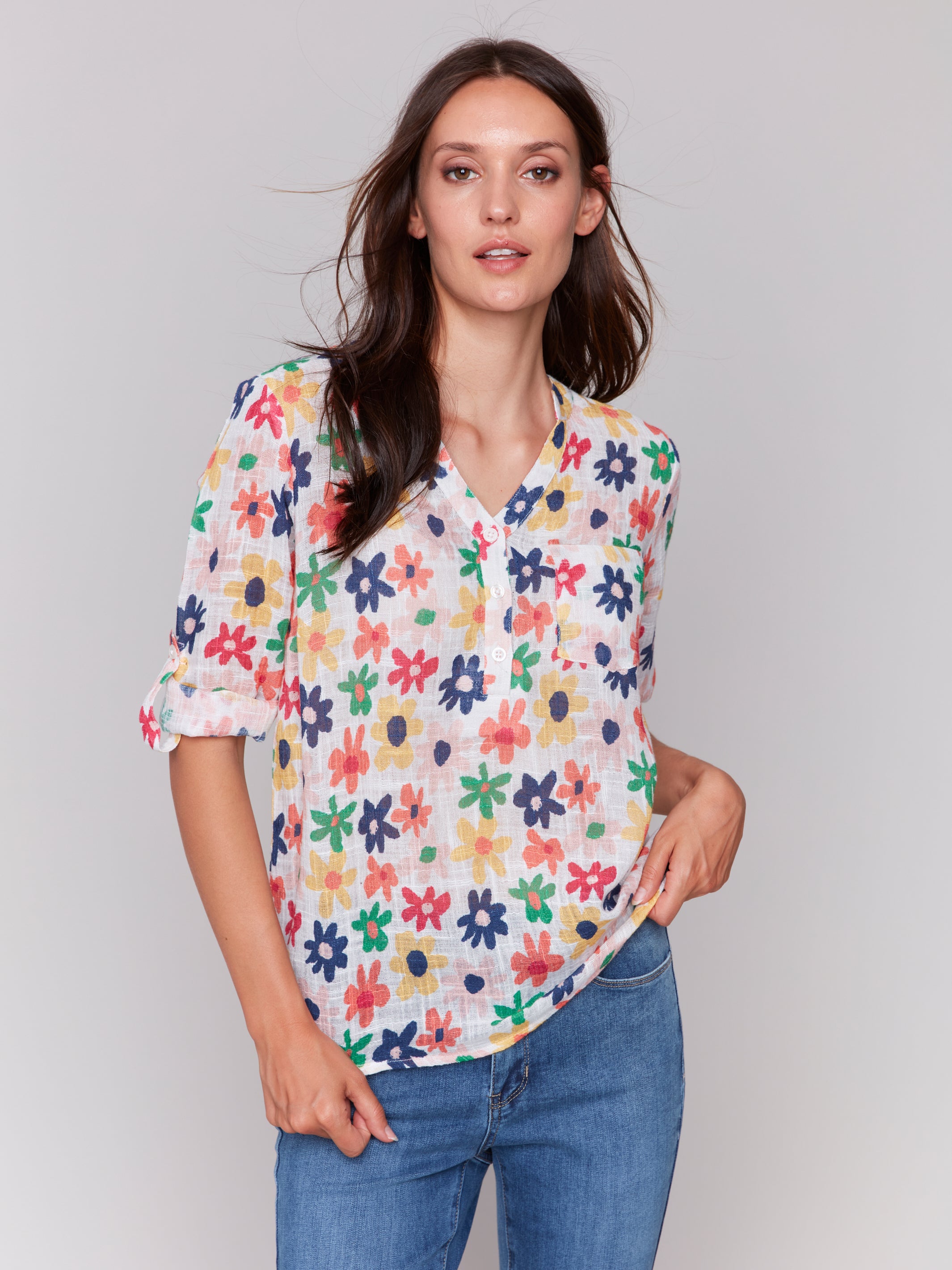 Printed Roll Up Sleeve Cotton Blouse C4188A/274C