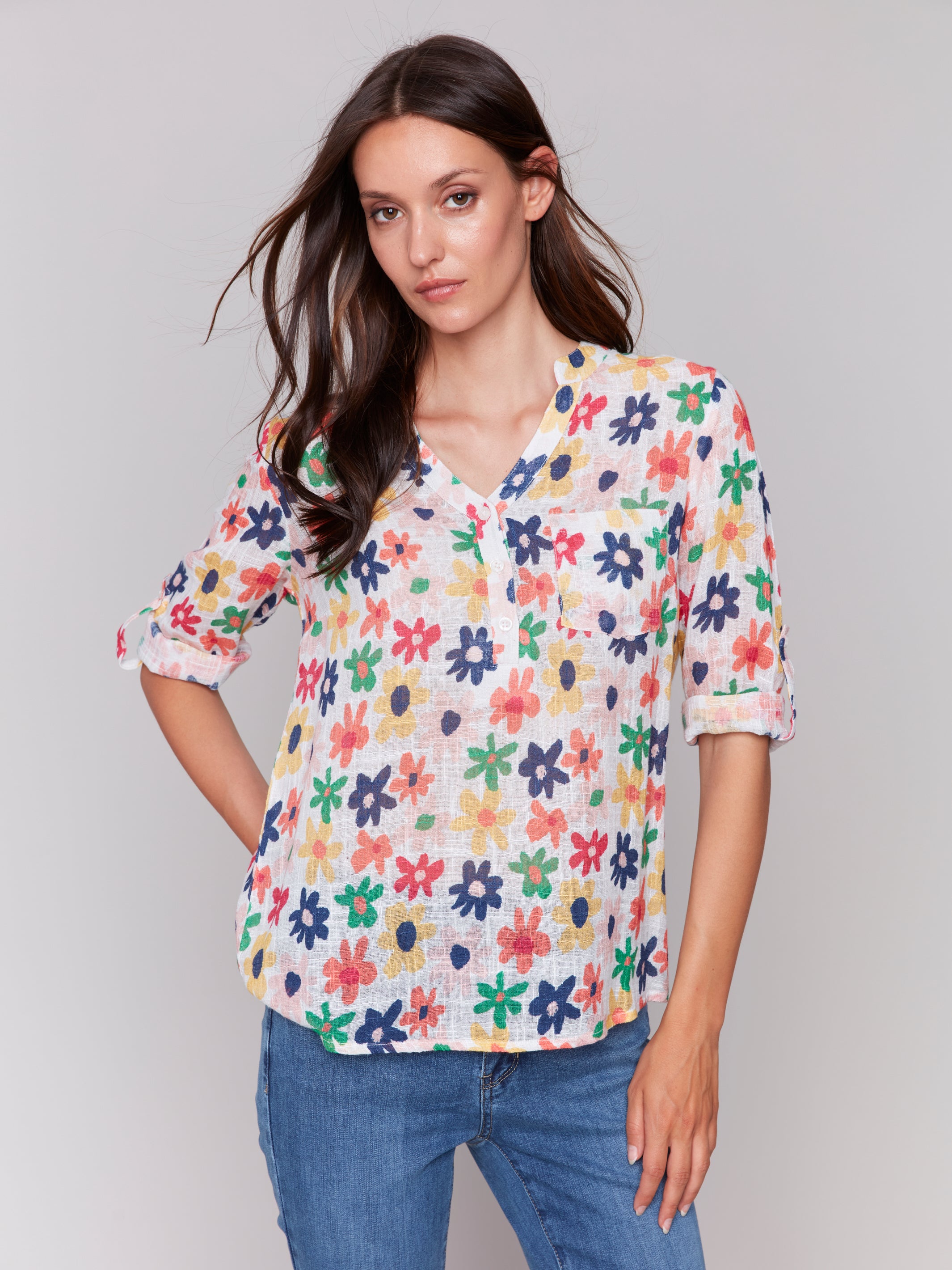 Printed Roll Up Sleeve Cotton Blouse C4188A/274C