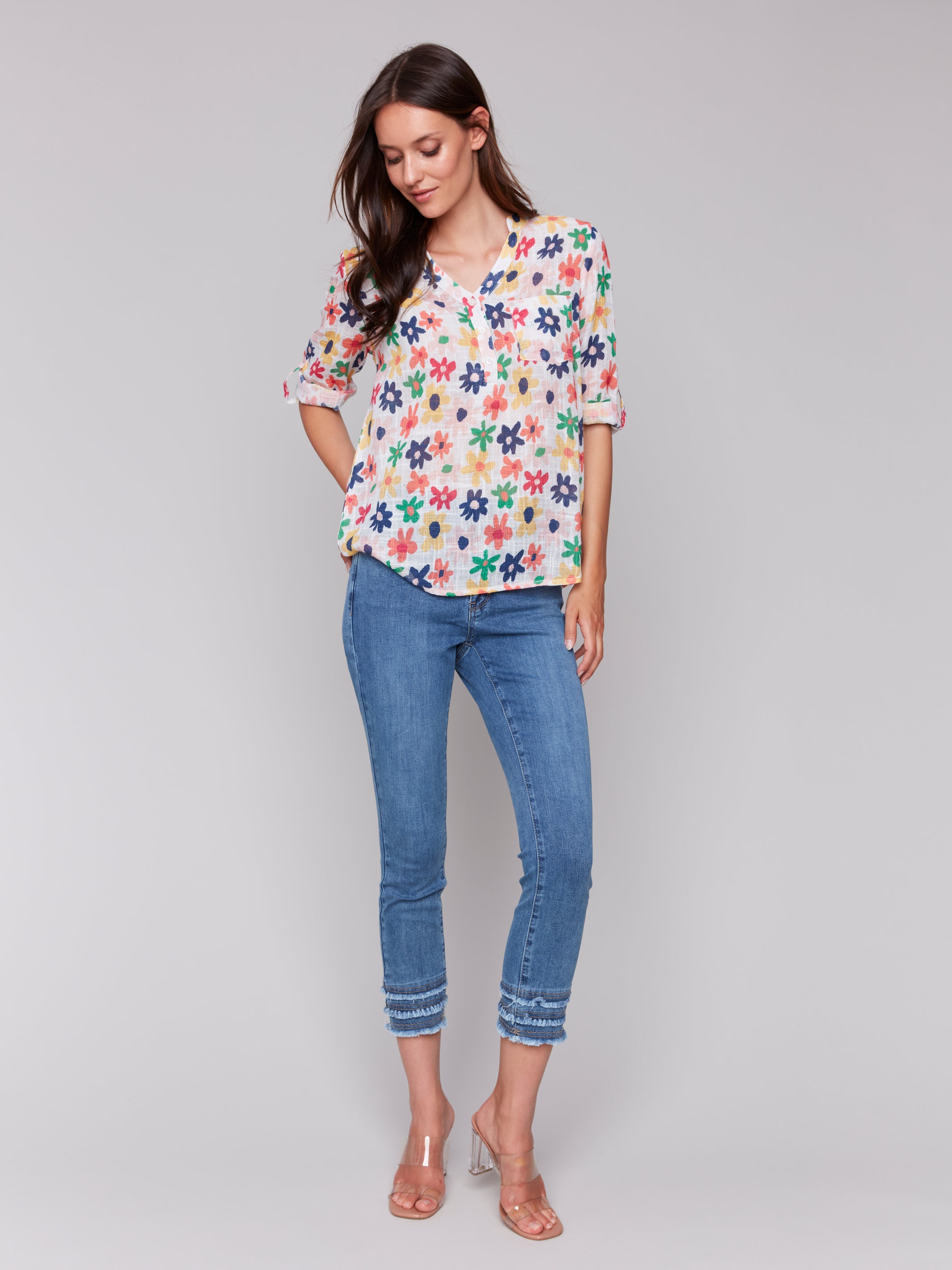 Printed Roll Up Sleeve Cotton Blouse C4188A/274C