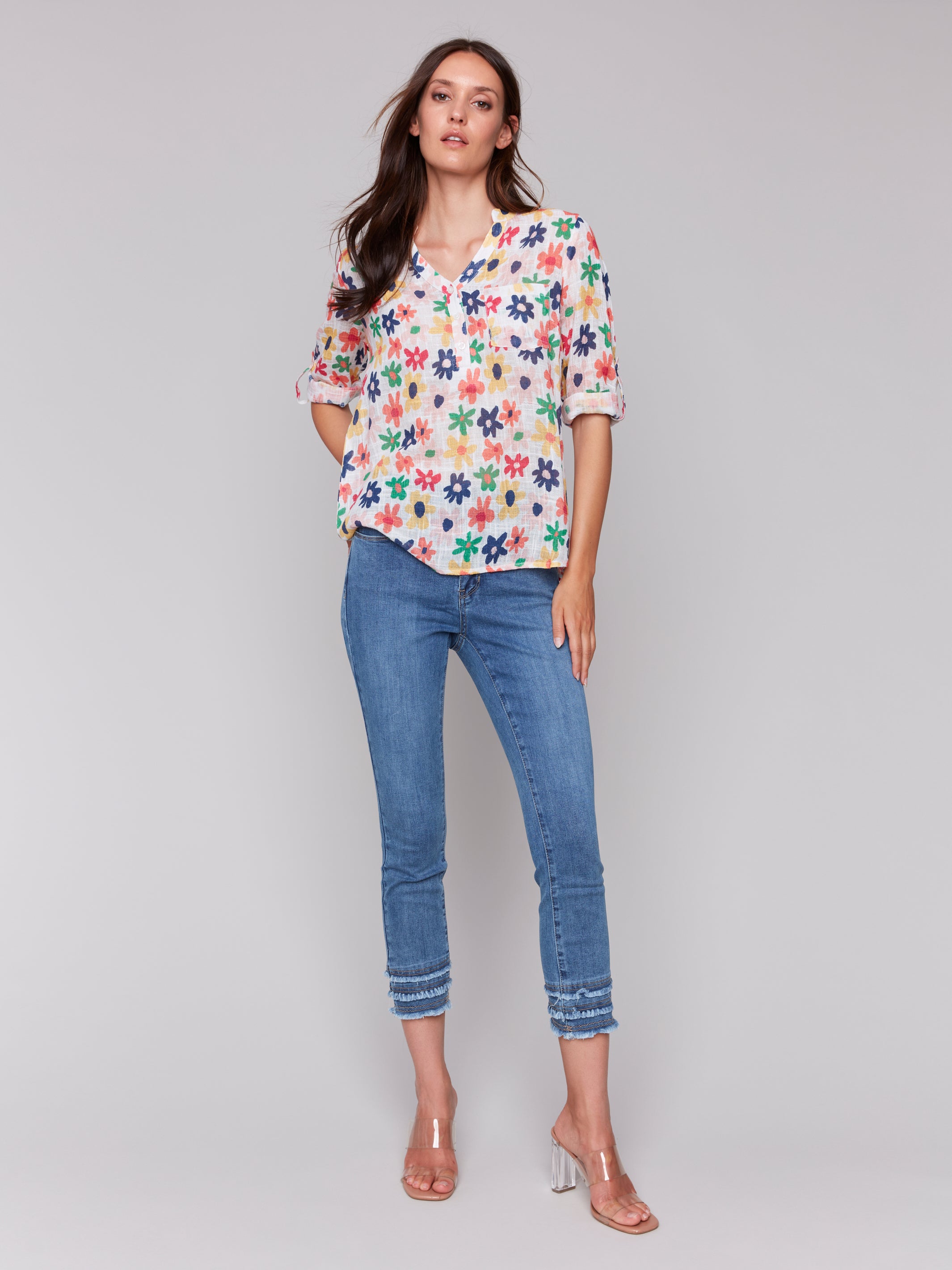 Printed Roll Up Sleeve Cotton Blouse C4188A/274C