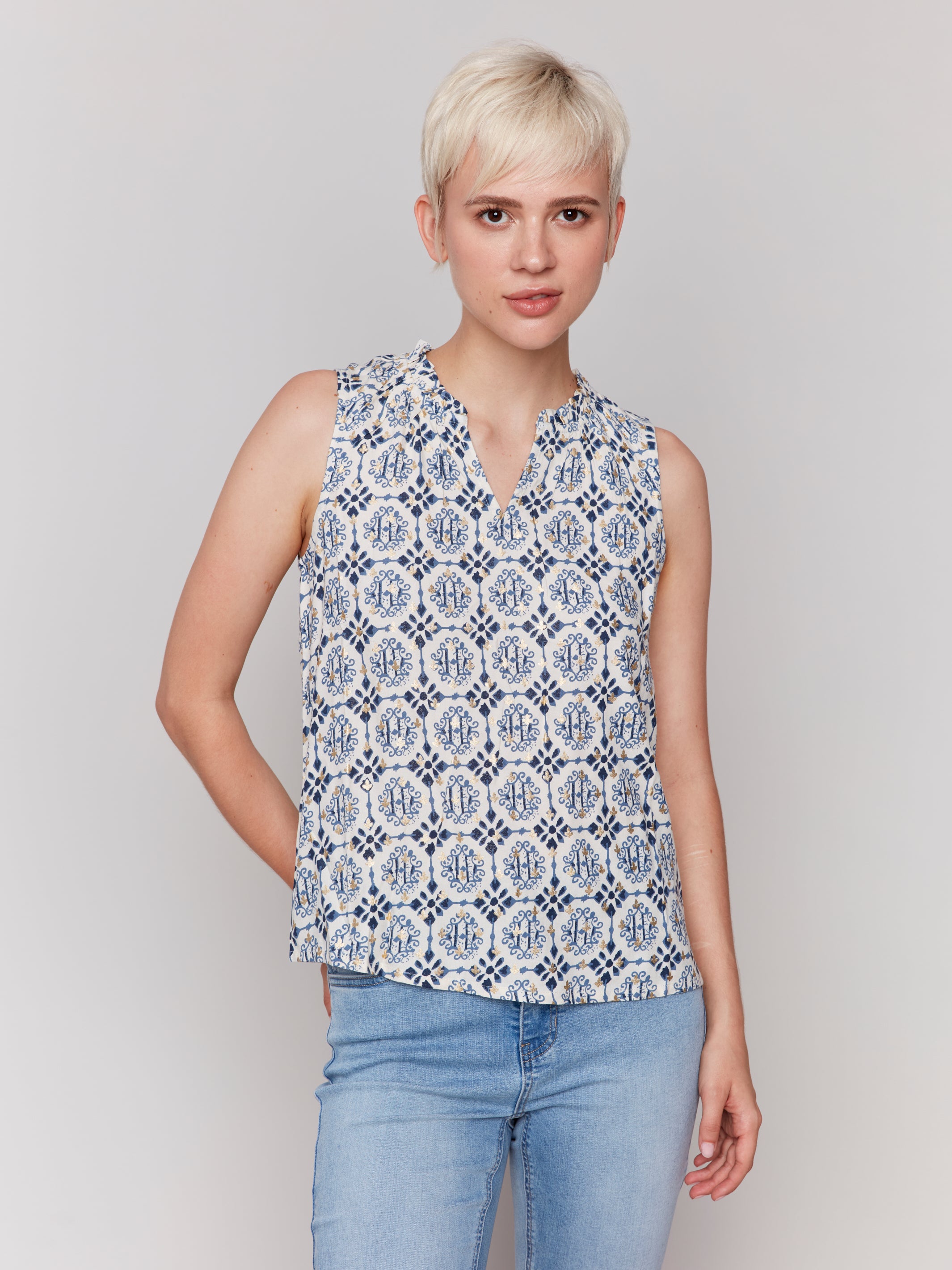 Printed Sleeveless Blouse With Ruffle Collar C4529RP/510B